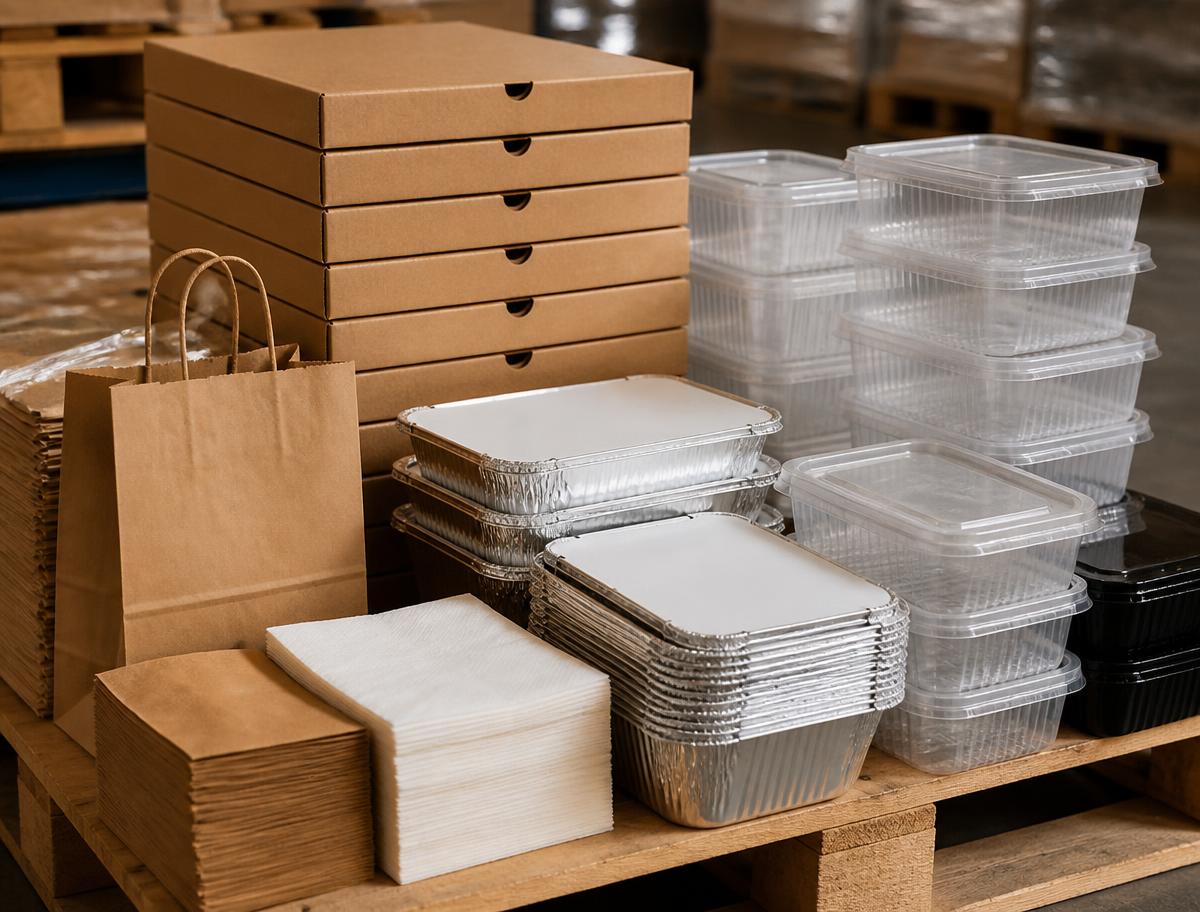 Stacks of takeaway packaging — pizza boxes, foil trays, plastic containers, paper bags and napkins on a pallet